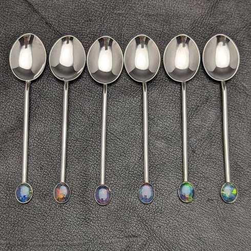 Juego de 6 cucharillas de té de plata de ley vintage con decoración de ópalo, en estuche