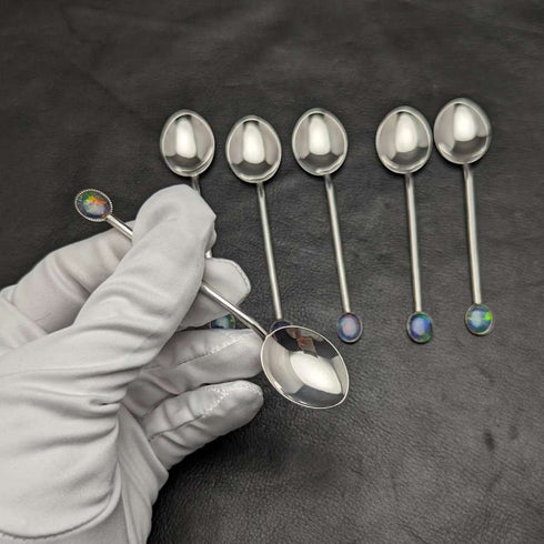 Juego de 6 cucharillas de té de plata de ley vintage con decoración de ópalo, en estuche