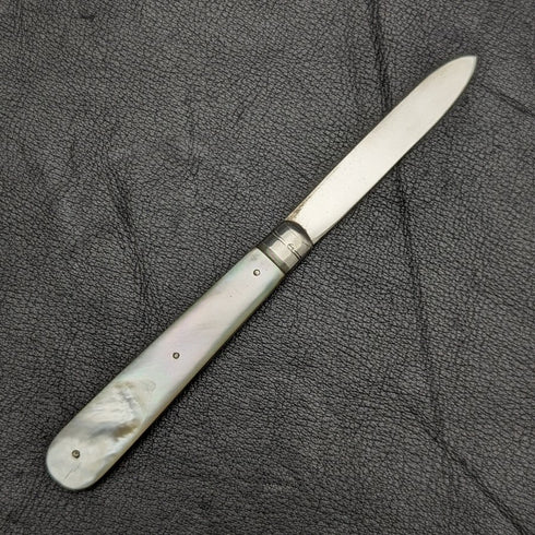 1897 British Antique Folding Pen Knife White Pearl Handle Pure Silver Blade