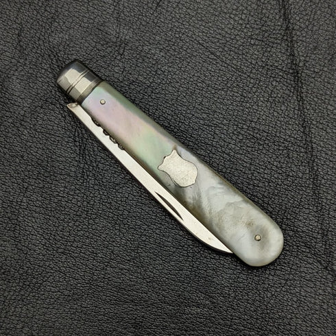 1897 British Antique Folding Pen Knife White Pearl Handle Pure Silver Blade
