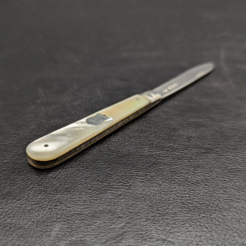 1897 British Antique Folding Pen Knife White Pearl Handle Pure Silver Blade