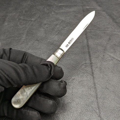 1897 British Antique Folding Pen Knife White Pearl Handle Pure Silver Blade