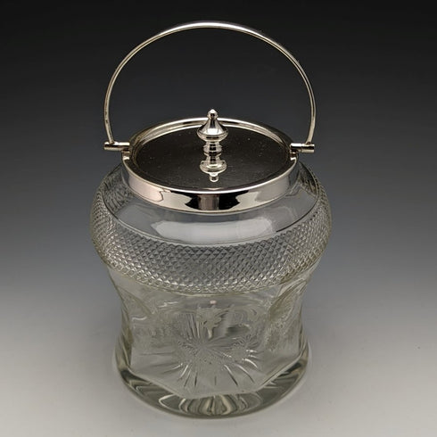 英国ヴィンテージ カットガラス ビスケットバレル シルバープレート蓋 823g