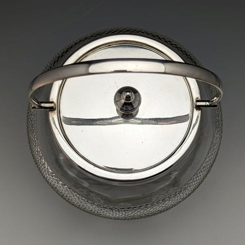 英国ヴィンテージ カットガラス ビスケットバレル シルバープレート蓋 823g