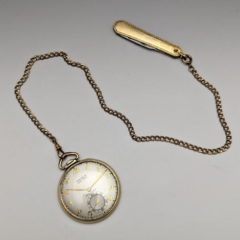 【整備済】米国ヴィンテージ グリュエン 懐中時計 VERI-THIN 折りたたみナイフ&アルバートチェーン付き BOX入