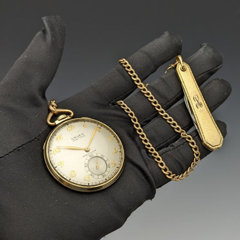 【整備済】米国ヴィンテージ グリュエン 懐中時計 VERI-THIN 折りたたみナイフ&アルバートチェーン付き BOX入