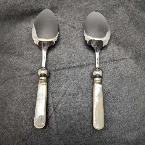 British Antique White Pearl Shell Handle Silver Plated Jam Spoon Pair
