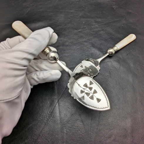 英国アンティーク 白蝶貝ハンドル シルバープレート ジャムスプーン ペア