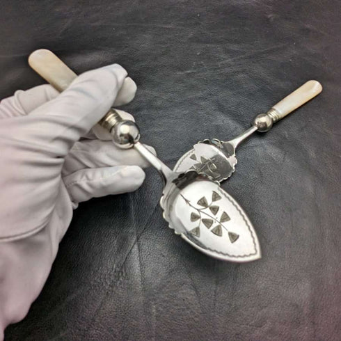 British Antique White Pearl Shell Handle Silver Plated Jam Spoon Pair
