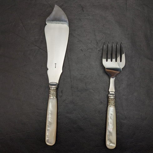 英国アンティーク シルバープレート製 フィッシュサーバーセット 白蝶貝ハンドル