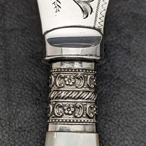 英國古董銀盤魚服務器套裝白色蝴蝶貝殼手柄