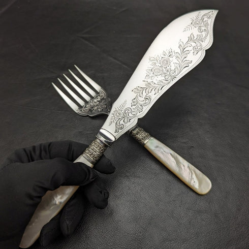 英国アンティーク シルバープレート製 フィッシュサーバーセット 白蝶貝ハンドル