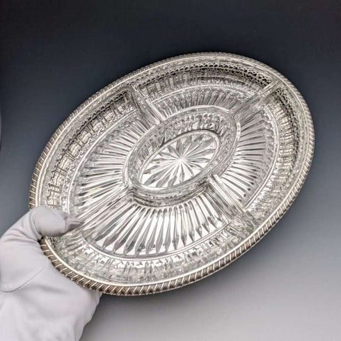 英国ヴィンテージ シルバープレート製 ギャラリートレイ ガラスライナー付 幅31cm 1717g