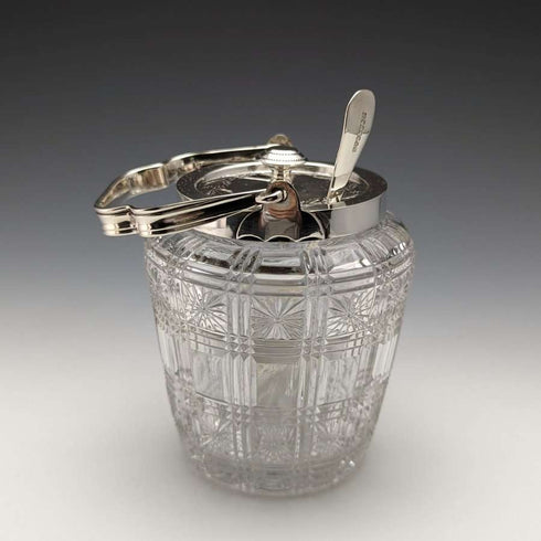 Tarro para mermelada de cristal tallado antiguo británico con tapa de plata chapada y cuchara