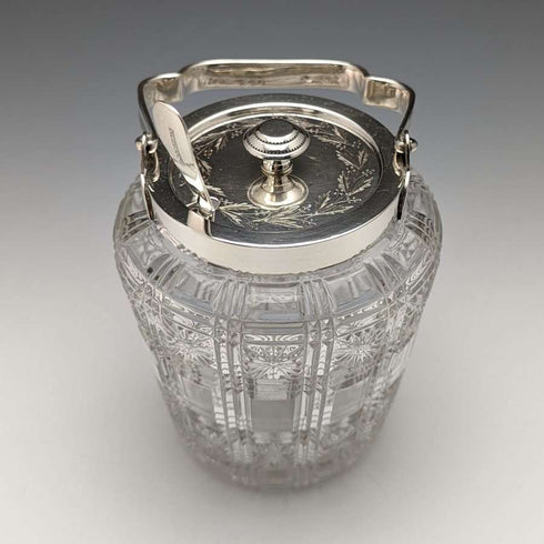 Tarro para mermelada de cristal tallado antiguo británico con tapa de plata chapada y cuchara