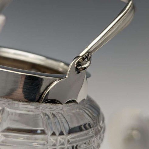 Tarro para mermelada de cristal tallado antiguo británico con tapa de plata chapada y cuchara