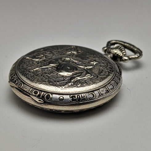 アンティーク スイス製 無銘 懐中時計 雄牛彫刻ケース 動作良好