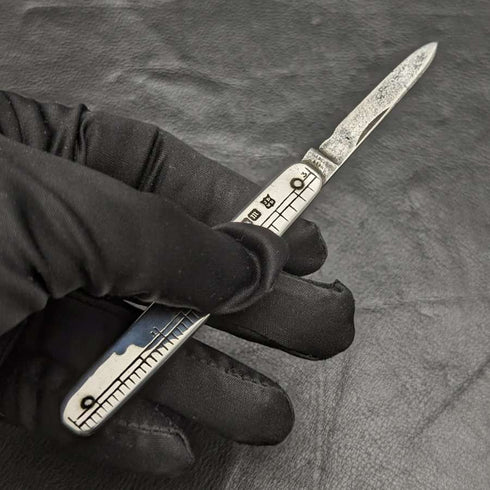 1904 British Antique Pure Silver Handle Folding Mini Knife with Ruler