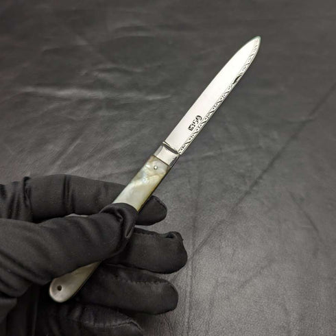 1816 British Antique White Pearl Shell Handle Pure Silver Blade Folding Pen Knife