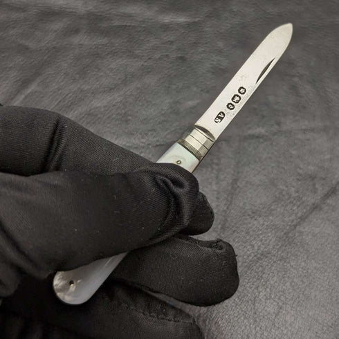1896 British Antique White Pearl Shell Handle Pure Silver Blade Folding Pen Knife