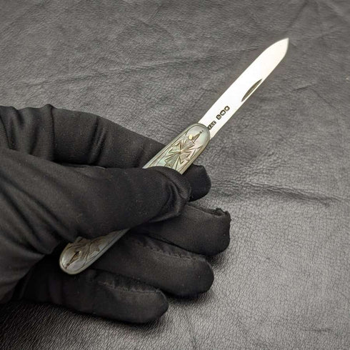 1921 British Antique White Pearl Shell Engraving Handle Pure Silver Blade Folding Pen Knife