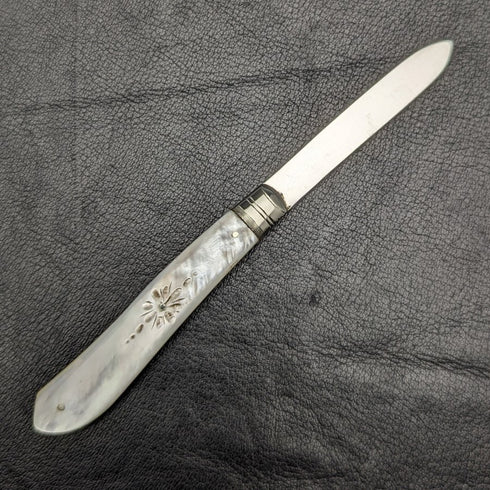 1902 British Antique White Pearl Carved Handle Pure Silver Blade Folding Pen Knife