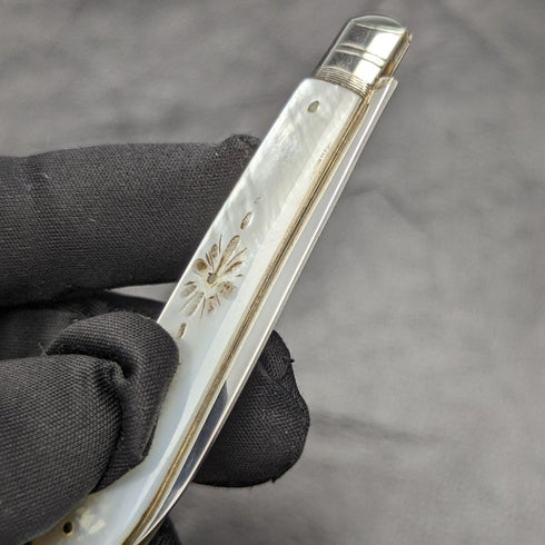 1902 British Antique White Pearl Carved Handle Pure Silver Blade Folding Pen Knife