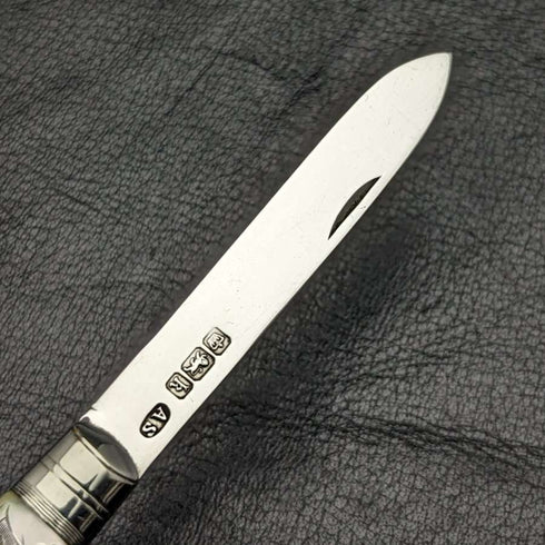 1902 British Antique White Pearl Carved Handle Pure Silver Blade Folding Pen Knife