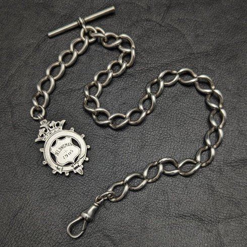 Cadena Albert de plata de ley antigua británica de alrededor de 1900, 52 g, con colgante de medalla de plata de ley