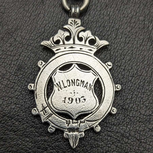 Cadena Albert de plata de ley antigua británica de alrededor de 1900, 52 g, con colgante de medalla de plata de ley