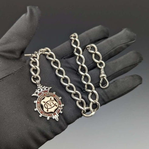 Cadena Albert de plata de ley antigua británica de alrededor de 1900, 52 g, con colgante de medalla de plata de ley
