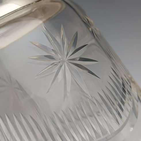 Barril para galletas vintage inglés de cristal tallado, circa 1930, con tapa de plata chapada, 1048 g