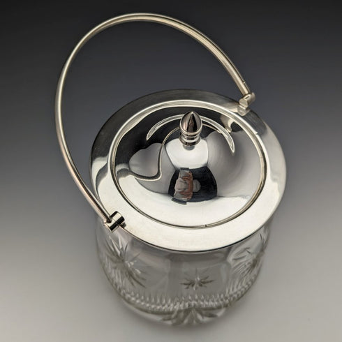 1930年頃 英国ヴィンテージ カットガラス ビスケットバレル シルバープレート蓋 1048g