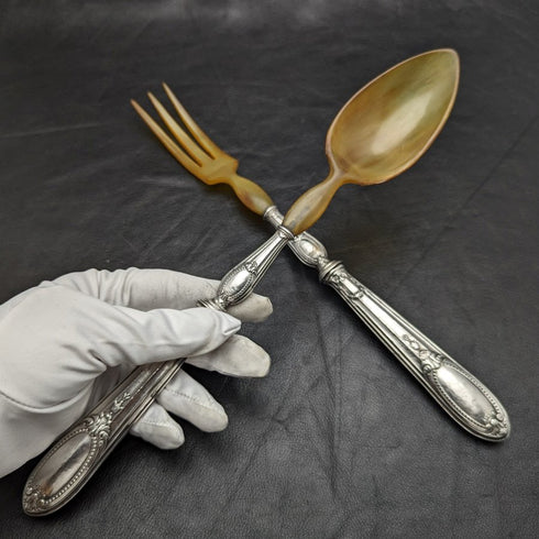 French Antique Pure Silver Handle Salad Server Set