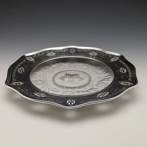 美國復古純銀邊緣裝飾切割玻璃板直徑 19 厘米