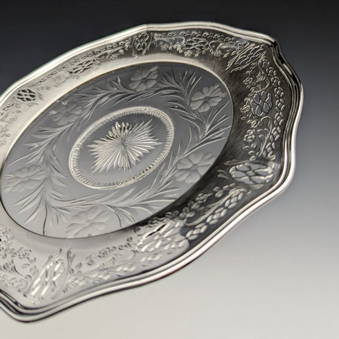 美國復古純銀邊緣裝飾切割玻璃板直徑 19 厘米