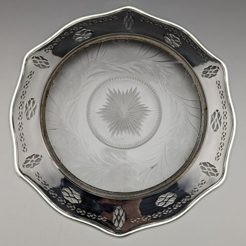 美國復古純銀邊緣裝飾切割玻璃板直徑 19 厘米