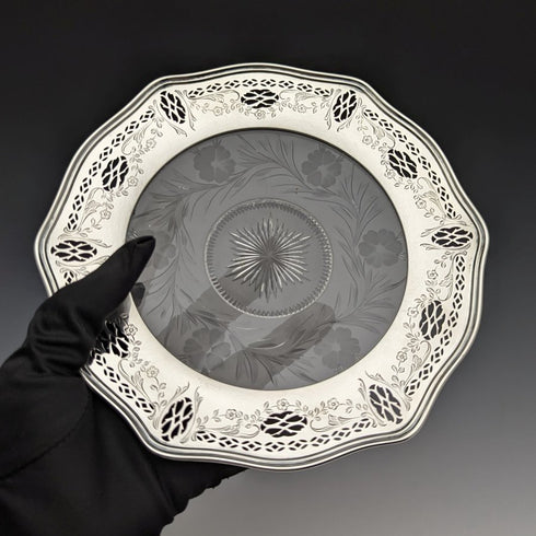 美國復古純銀邊緣裝飾切割玻璃板直徑 19 厘米