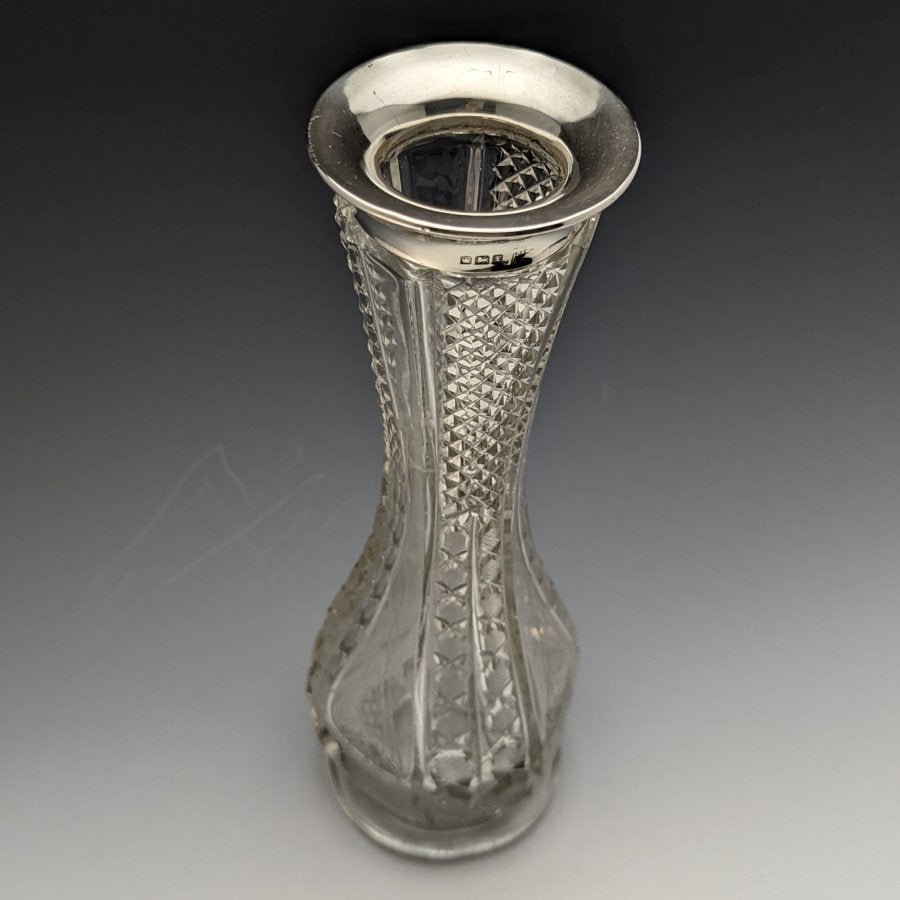 1915年 英国アンティーク カットガラス 大型花瓶 純銀装飾 Walker&Hall 