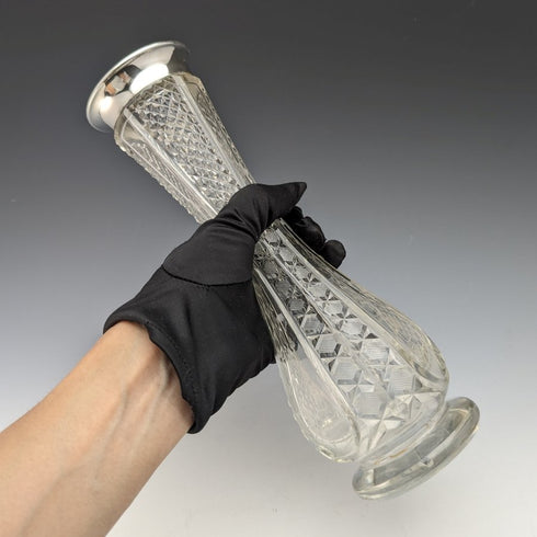 1915年 英国アンティーク カットガラス 大型花瓶 純銀装飾 Walker&Hall