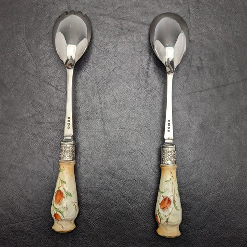 英国ヴィンテージ 陶器ハンドル サラダサーバーセット