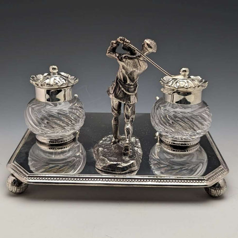 Par de tinteros y portalápices de diseño de golf en plata chapada, vintage, de origen británico