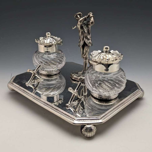 Par de tinteros y portalápices de diseño de golf en plata chapada, vintage, de origen británico