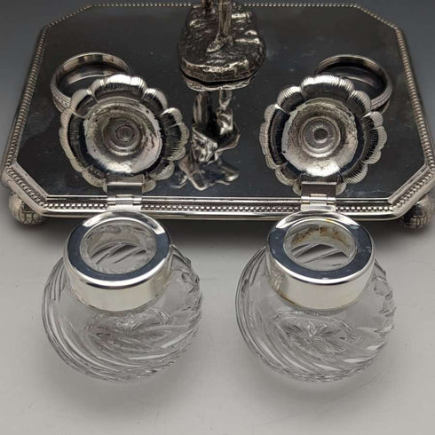 Par de tinteros y portalápices de diseño de golf en plata chapada, vintage, de origen británico