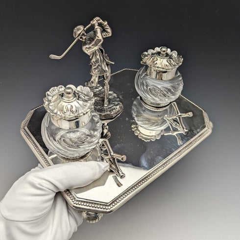 英国ヴィンテージ シルバープレート製 ゴルフデザイン ペンスタンド&インク壺ペア