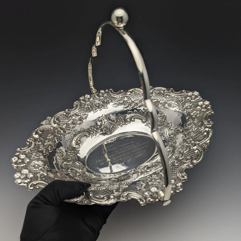 英國古董銀盤大籃花雕刻操作手柄 548 克