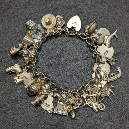 British vintage sterling silver charm bracelet 69g