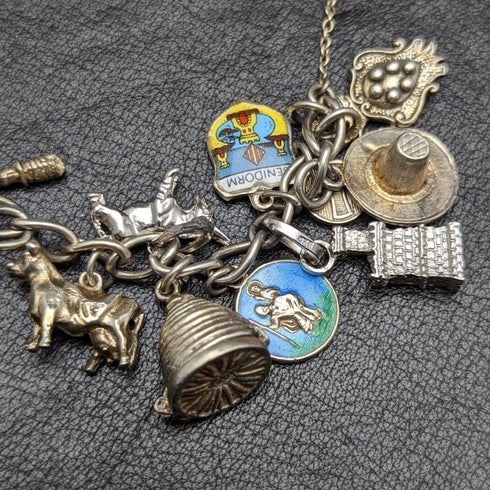 British vintage sterling silver charm bracelet 69g