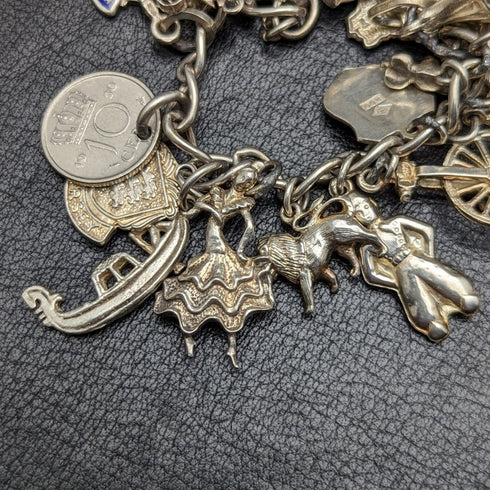 British vintage sterling silver charm bracelet 69g