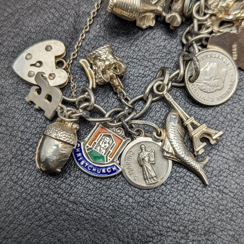 British vintage sterling silver charm bracelet 69g